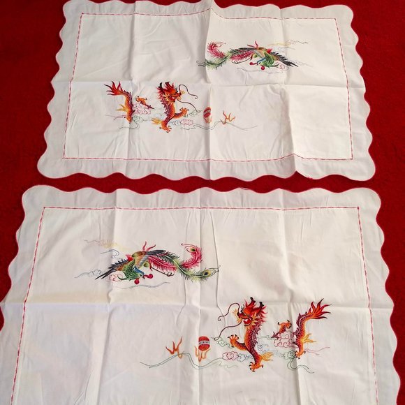 vintage 60s NWOT pillow cases embroidered dragon phoenix - Picture 1 of 9